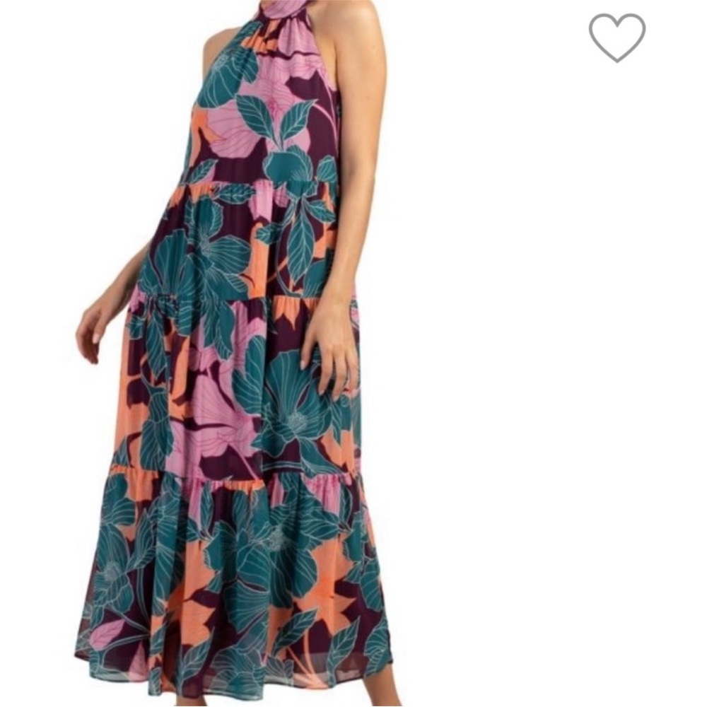 TRINA TURK Floral print Halter neckline Tiered Ankle DRESS SZ XS sunglasses